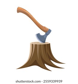 Axe in tree stump. Woodcutter emblem isolated vector illustration