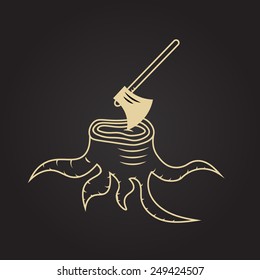 An axe trusted in an old stump with a big root. Illustration can be used as a symbol of wood chopping or be a logo or halloween picture. In a brown and gold in a lined style.