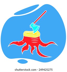 An axe trusted in an old stump with a big root. Illustration can be used as a symbol of wood chopping or be a logo or halloween picture. In a blue, red, yellow and cyan on a white background.