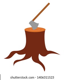 Axe is used for chopping wood, consisting of a long wooden handle and a heavy metal blade, vector, color drawing or illustration. 
