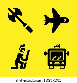 axe, warrior, aeroplane and trolley vector icon set. Sample icons set for web and graphic design