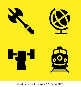 axe, weightlifting, train and earth globe vector icon set. Sample icons set for web and graphic design