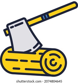 Axe and wood log vector icon isolated on white background. Tree stump firewood and ax. Lumberjack steel hatchet tool and timber