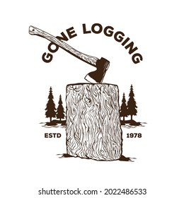 Axe and wood logging vector illustration in vintage hand drawn style, perfect for tshirt design and lumberjack service logo design