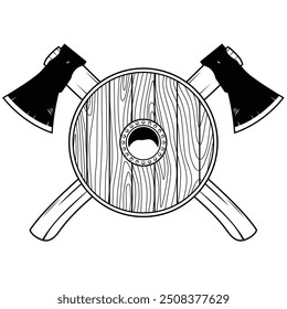 Axe and wooden shield, logo with crossed axe and shield.