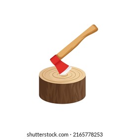 Axe in the wooden stump cartoon flat vector illustration isolated on white background. Hatchet in the log.