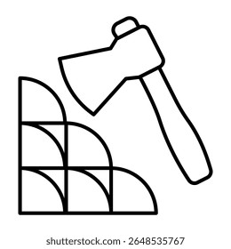 Axe and wooden timber stack thin line icon, forest industry concept. Vector graphics. Firewood crack tool, wood work sign on white background, style mobile or design