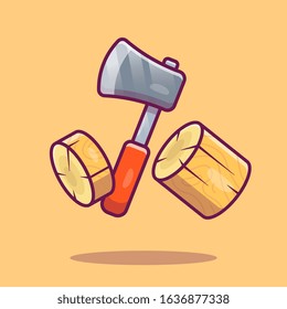 Axe And Woods Vector Icon Illustration. Axe Cutting Wood. Tool Icon Concept White Isolated. Flat Cartoon Style Suitable for Web Landing Page, Banner, Flyer, Sticker, Card