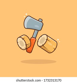 Axe And Woods Vector Icon Illustration. Axe Cutting Wood. Tool Icon Concept  Isolated. Flat Cartoon Style Suitable for Web Landing Page, Banner, Flyer, Sticker, Card. Vector cartoon flat illustration.