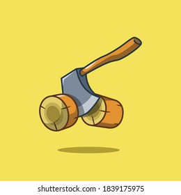 axe and woods vector icon illustration. Axe cutting wood. Flat cartoon style
