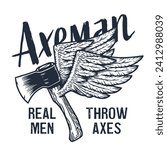 Axeman ax. Flying hatchet or axe with wings for woodcutter and lumberjack. Timberman print