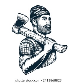 Axeman with ax in forest for logo of shop. Bearded lumberjack with axe in his hands for design of banner and label. Emblem of woodworker, logger or carpenter