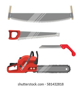 Axeman Instruments Set. Petrol-driven Power Saw, Tooth Blade Sawtooth Waveform With Red Handle Isolated. Realistic Vector Illustration Of Hand Saws Collection. Carpentry Tools For Sawing Wood Products