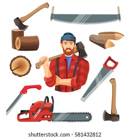 Axeman instruments set. Axeman saw, tree trunk stump, two and one handle saws, axeman with ax, petrol-driven power saw isolated. Realistic vector illustration of carpentry items for sawing wood