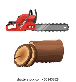 Axeman saw and stump isolated on white background. Gas chainsaw and round parts of tree trunk. Realistic vector illustration of petrol-driven power saw