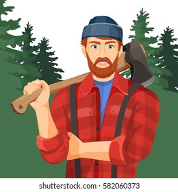 Axeman Wooden Axe Green Forest Lumberman Stock Vector (Royalty Free ...