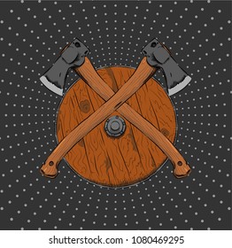 axes against the background of the shield. Can be used for printing on T-shirts, flyers and stuff. Vector illustration