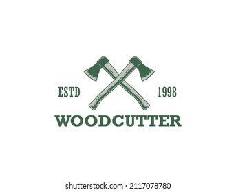 Axes crossed green and brown logo stamp, Vintage grunge carpentry, woodworking badge logo of hatchet. Retro design