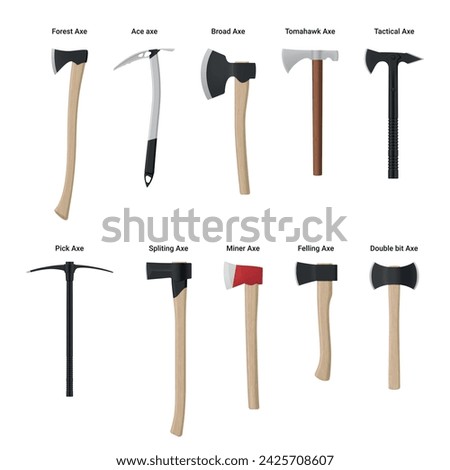 Axes different types with inscription metallic industrial weapon with wooden handle set realistic vector illustration. Sharp dangerous heavy equipment forest ice broad tomahawk tactical pick spliting