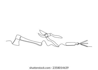 Axes, garden scissors, and hand cultivators. Farm tools one-line drawing