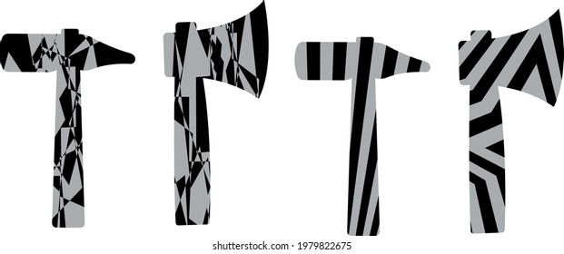 axes and hammers in op art style gray and black tools on white background modern icons for industry