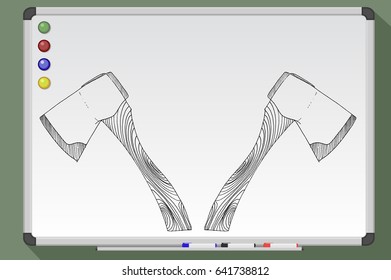 Axes icon. Hand drawn axe vector stock illustration. Whiteboard drawing. Black and white