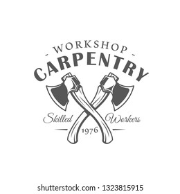 Axes. Modern carpentry label isolated on white background. Vector illustration