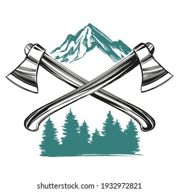 ejes sobre el fondo de las montañas y los bosques, emblema para el turismo dibujo de ilustraciones vectoriales a mano