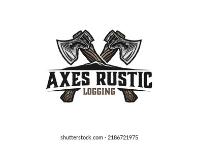 Axes rustic wood work logging logo axe design carpenter badge emblem style mountain forest logging svg