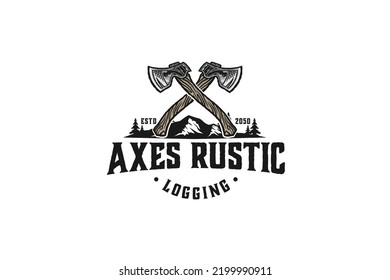 Axes rustic wood work logging logo axe design carpenter badge emblem style mountain forest logging svg
