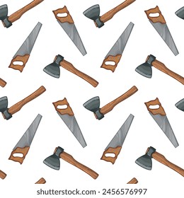 Axes and saws, seamless pattern. Vector illustration of axes and saws on a white background.