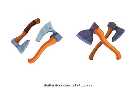 Axes set. Woodworker and lumberjack equipment for wood processing cartoon vector illustration