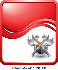 axes and shield on red wave background