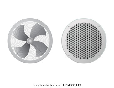 Axial fan and round ventilation grille. Industrial vector illustration. The HVAC equipment.