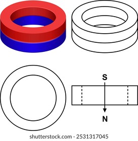 Axial magnetisierter Magnet. Permanentmagnet, bei dem die Magnetpole entlang der Achse des Magneten ausgerichtet sind. Eine Seite des Magneten ist der Nordpol, und die gegenüberliegende Seite ist der Südpol. 