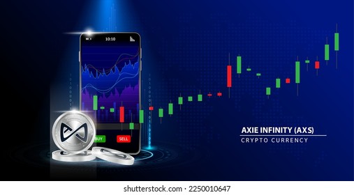 Axie Infinity (AXS) Cryptocurrency blockchain. Online payment Blue background. Hand holding smartphone with money payment app bank Secure mobile banking finance concept Vector illustration 3D.
