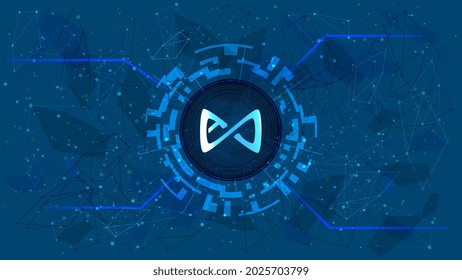 Axie Infinity AXS token symbol in digital circle with futuristic cryptocurrency theme on blue background. Cryptocurrency coin icon for banner or news. Vector illustration.