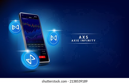 Axie infinity coin and Phone. App for trading crypto currency on the touch screen smartphone. Data analytics stock market. Trends and financial strategy. Mobile banking cryptocurrency. Vector 3d. 