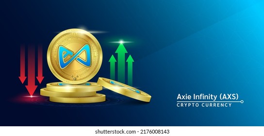 Axie Infinity token cryptocurrency banner. Futura moneda en el mercado bursátil de blockchain con flechas rojas-verdes arriba y abajo. Monedas de oro cripto monedas. Cartel de noticias de fondo sólido. Vector 3D.