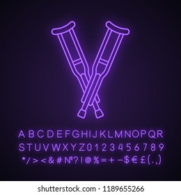 Axillary crutches neon light icon. Underarm crutches. Mobility aid. Glowing sign with alphabet, numbers and symbols. Vector isolated illustration