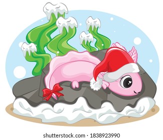 Axolotl (Ambystoma mexicanum) On the santa hat of a christmas background