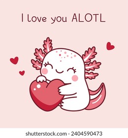 An axolotl with a big red heart. Valentine's day. Kawaii style