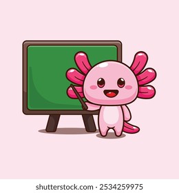 Axolotl con pizarra. Ilustración vectorial de personajes de dibujos animados de mascotas. elemento de diseño para póster, folleto, Web, mascota, pegatina, logotipo e ícono.