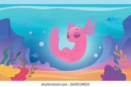 Axolotl. Cartoon background illustration with cute pink amphibian exact vector template