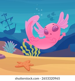 Axolotl. cartoon bio organism swimming underwater