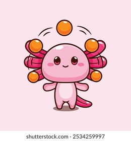 Axolotl circo atracción con bolas. Ilustración vectorial de personaje de dibujos animados mascota. elemento de diseño para cartel, folleto, Web, mascota, pegatina, logotipo e icono.