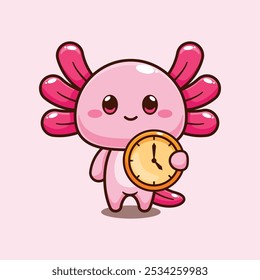 Axolotl con reloj. Ilustración vectorial de personaje de dibujos animados de mascotas. Elemento de diseño para póster, folleto, Web, mascota, pegatina, logotipo e ícono.