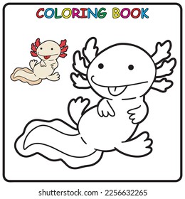 Axolotl coloring page for a children's book with colorful examples. Image in vector format. great coloring activity for children and toddlers