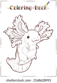 Axolotl, a Coloring Sheet. Cartoon outline picture of playful baby axolotl. A colouring book page. Contour illustration for children preschool education. Interesting home activity for kids