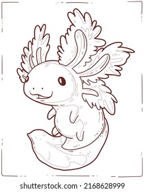 Axolotl, una hoja de colorear. Dibujo de dibujo de un bebé axolotl juguetón. Una página de un libro de colorear. Ilustración de contorno para la educación preescolar infantil. Interesante actividad en el hogar para los niños